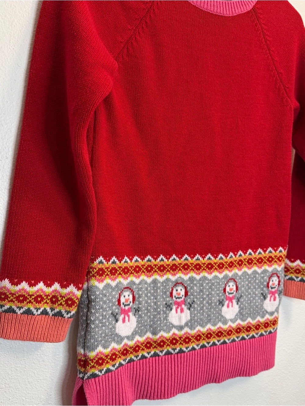 Lands' End Red Knit Tunic Sweater/ Dress, Pink Trim & Snowman Fair Isle M 10/12 - Picture 3 of 8